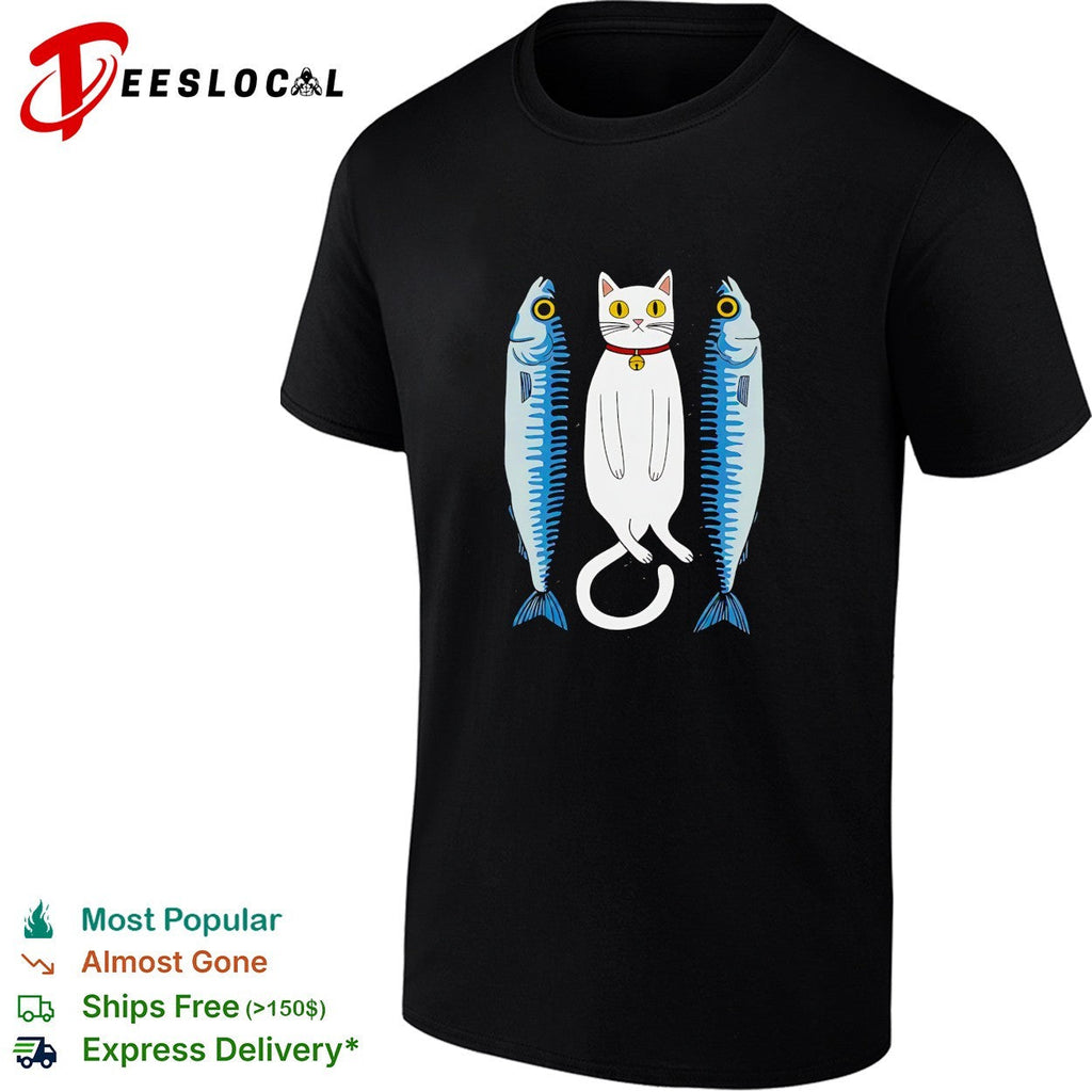 White cat with two fish meme shirt Unisex