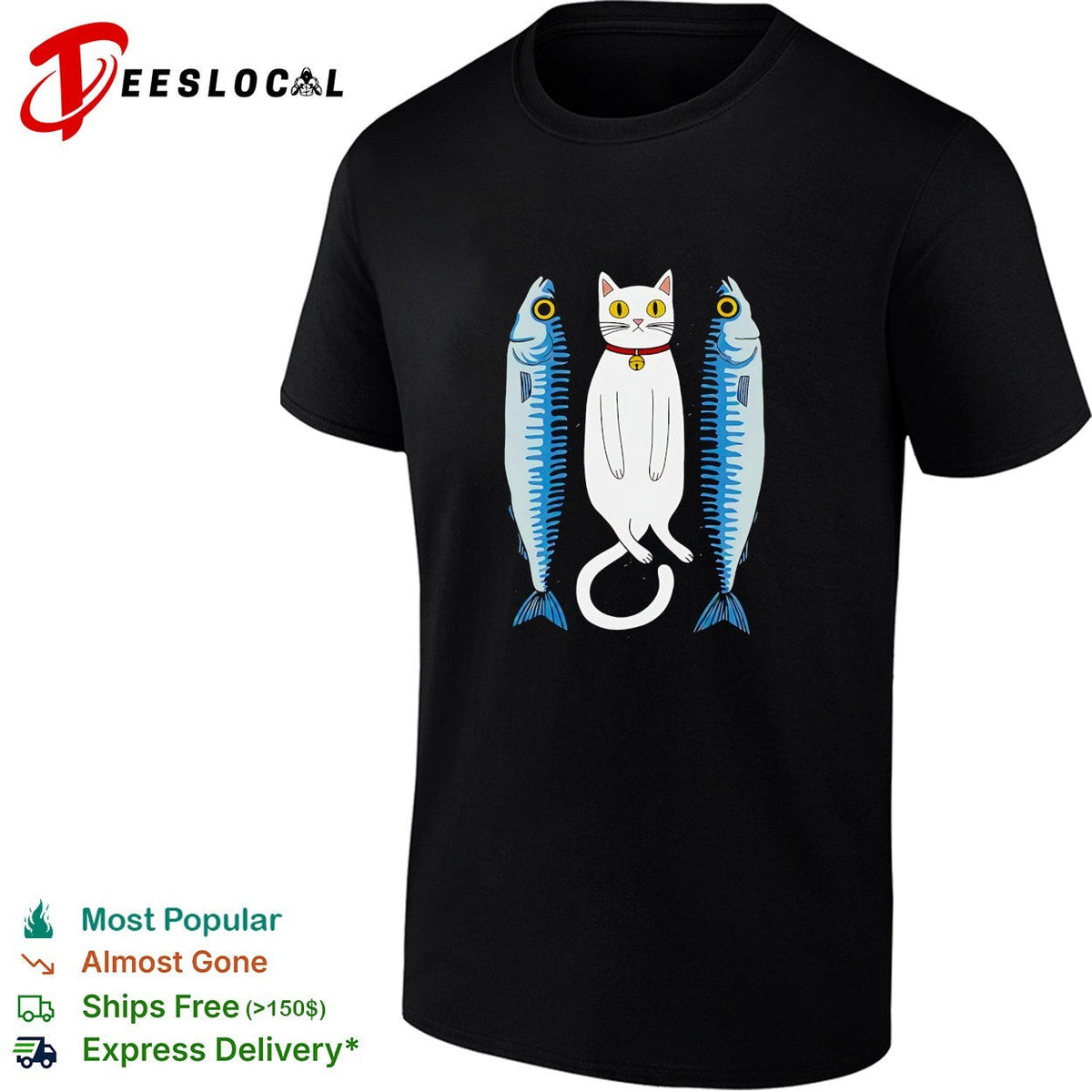 White cat with two fish meme shirt Unisex
