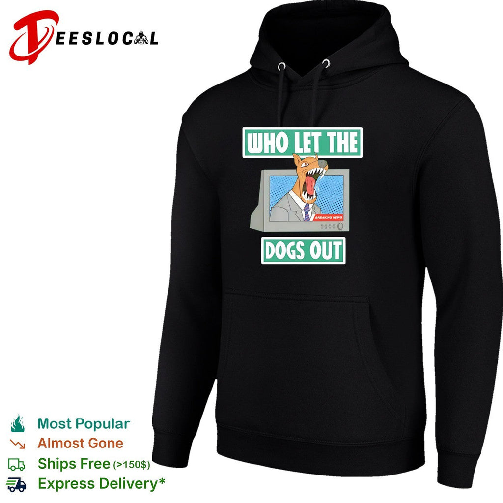 Who let the dogs out dog TV news anchor breaking news cartoon humor shirt Unisex