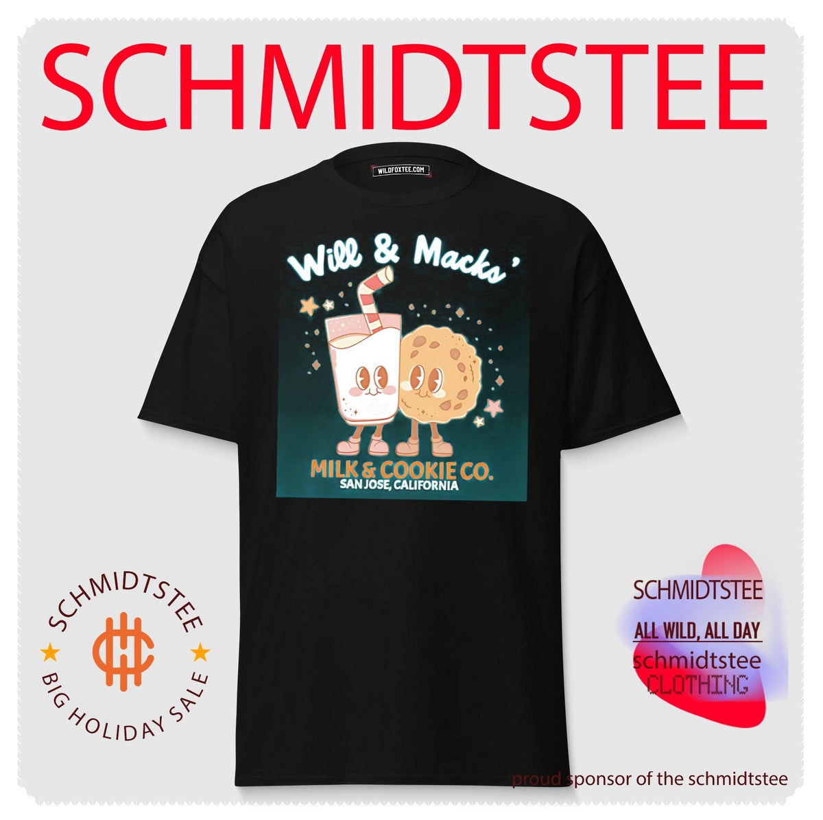 Will and Macks’ Milk and Cookie CO graphic shirt. Unisex
