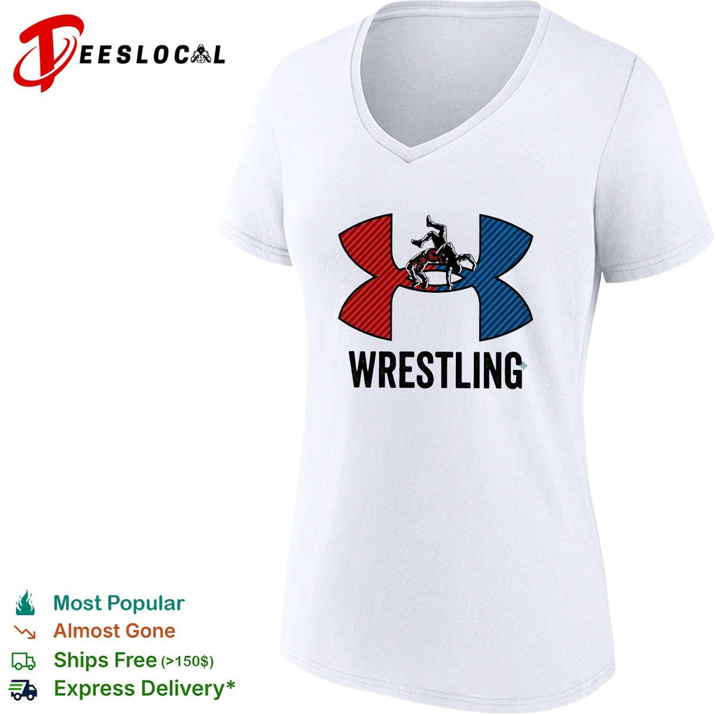 Wrestling red and blue wrestler silhouette icon bold lettering graphic shirt Unisex