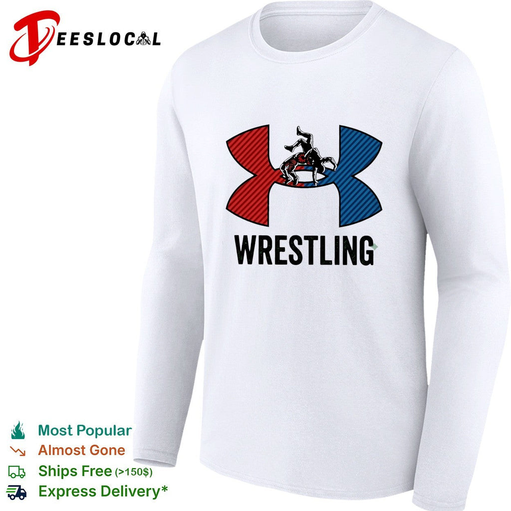 Wrestling red and blue wrestler silhouette icon bold lettering graphic shirt Unisex