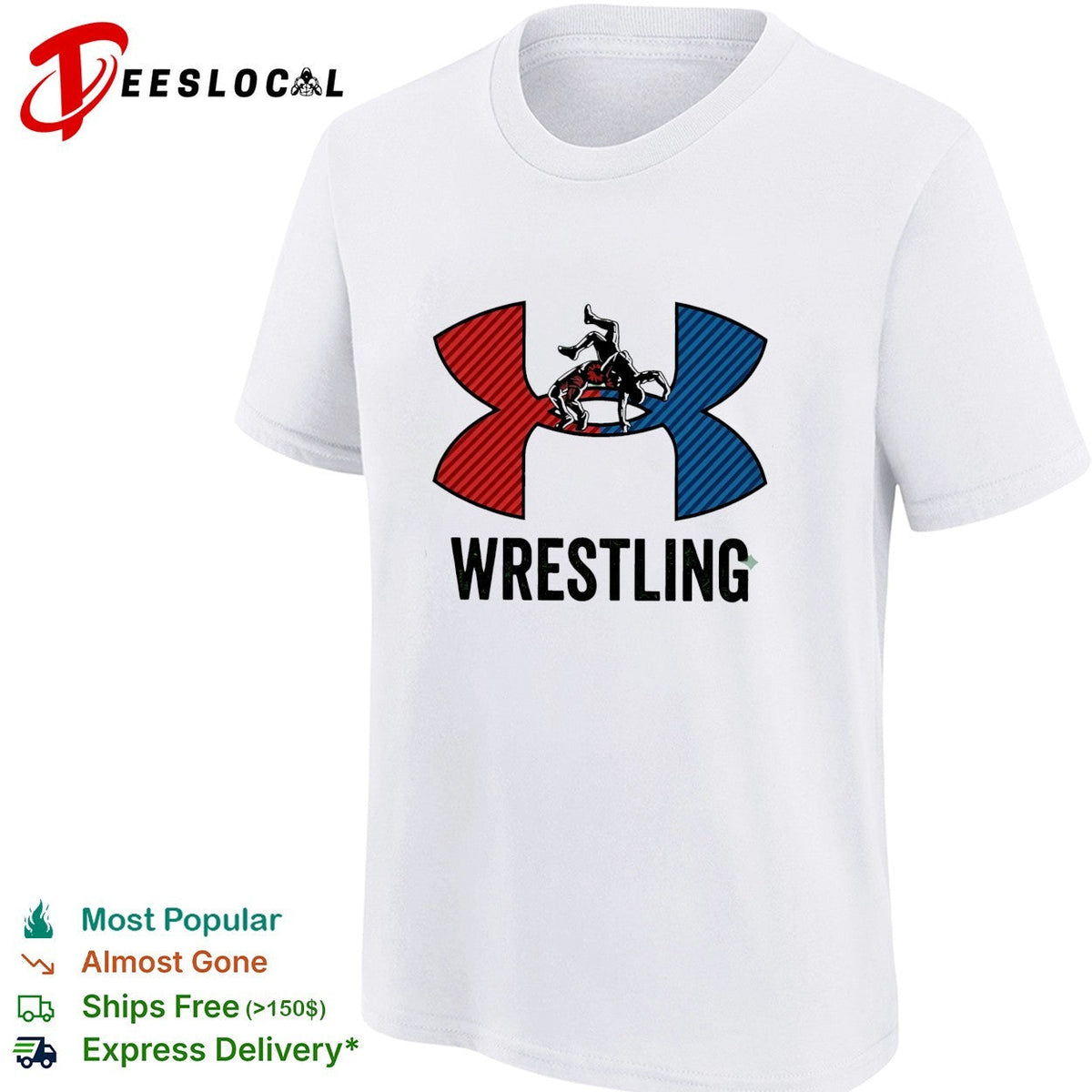 Wrestling red and blue wrestler silhouette icon bold lettering graphic shirt Unisex