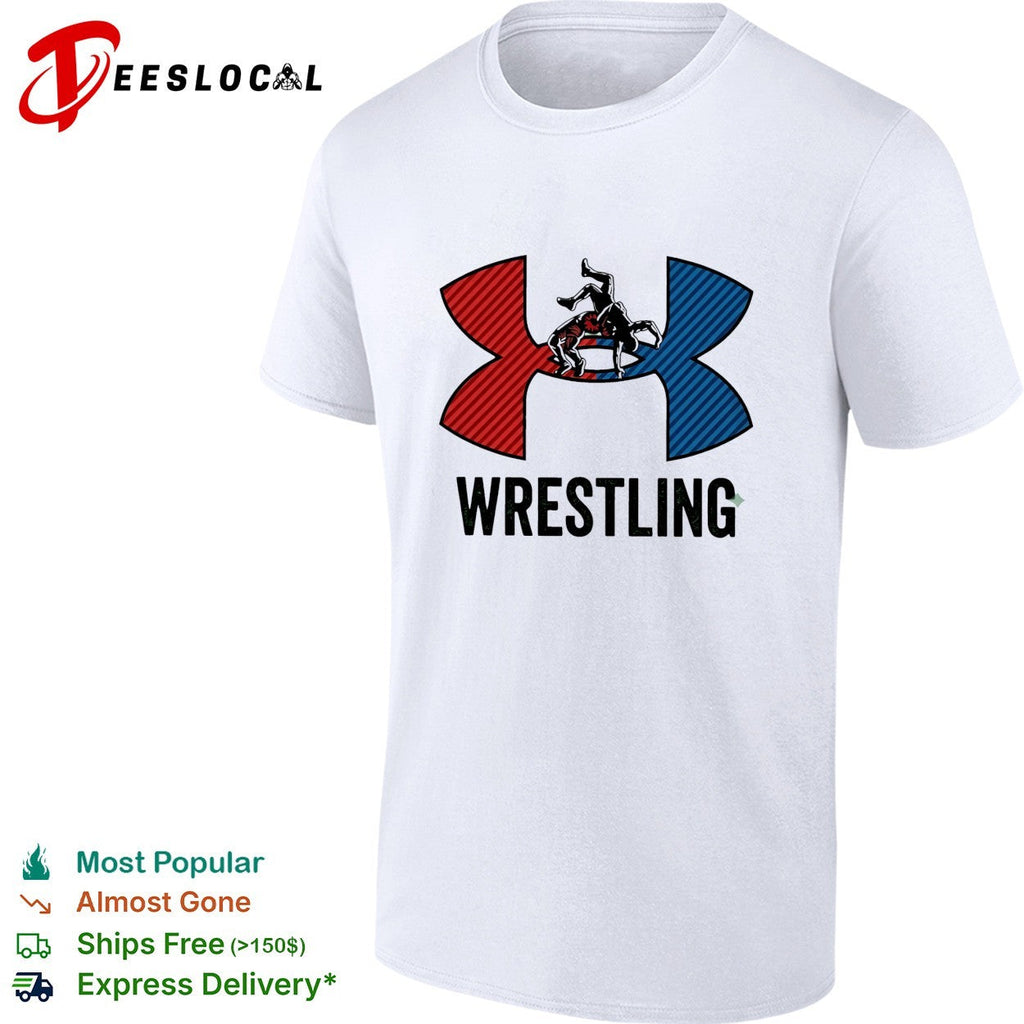 Wrestling red and blue wrestler silhouette icon bold lettering graphic shirt Unisex