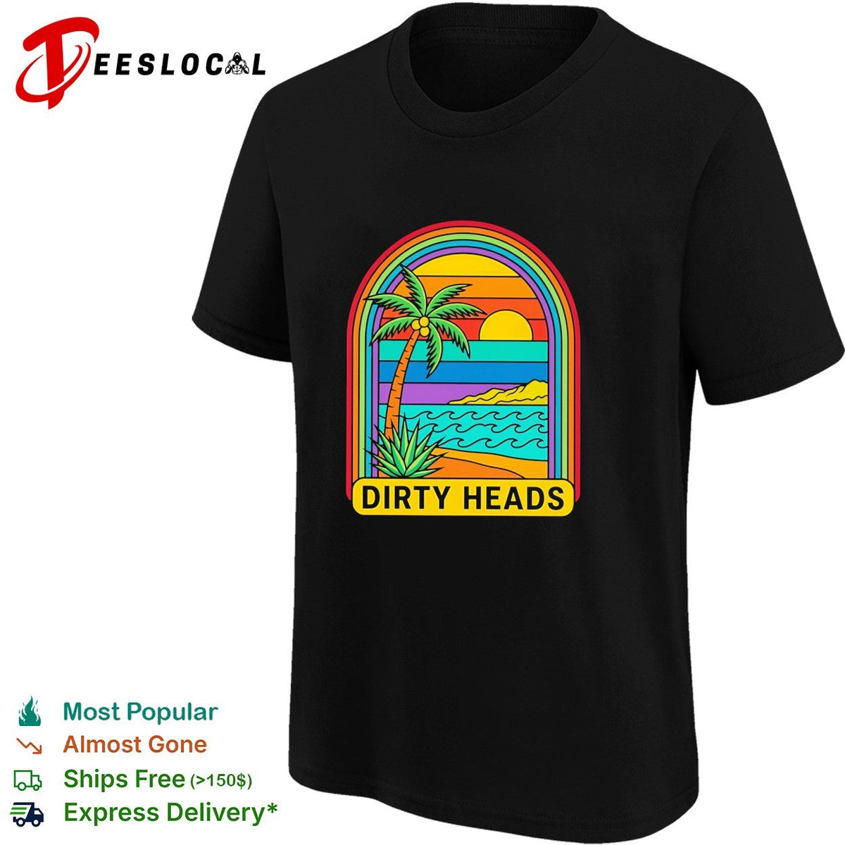 Tropical beach palm tree rainbow arch sunset vintage poster art shirt Unisex
