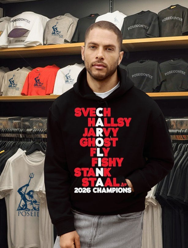 Carolina Hockey Names Svech Hallsy Jarvy Ghost Fly Fishy Stank Staal 2026 Champs Unisex
