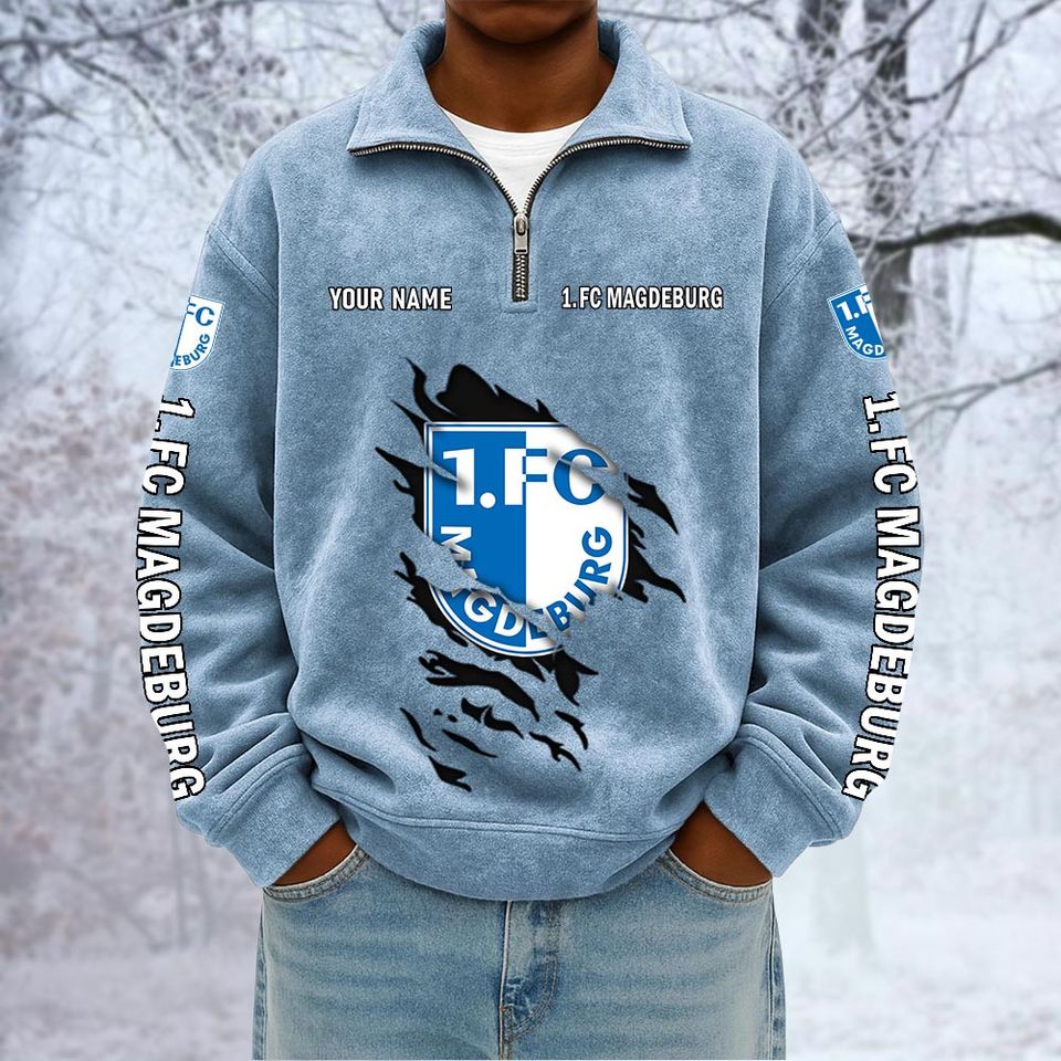 1. FC Magdeburg Custom Name Quarter Zip Pullover Sweatshirt - Multicolor