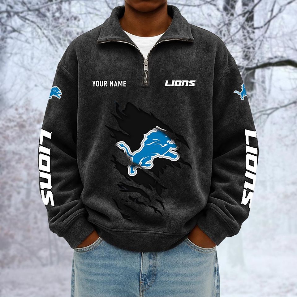 Detroit Lions Custom Name Quarter Zip Pullover Sweatshirt - Multicolor