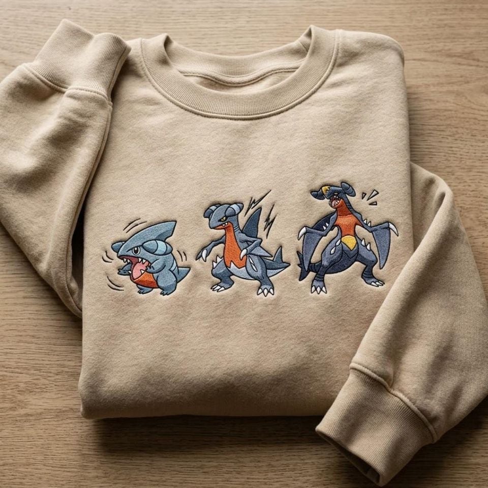 Gible Gabite Garchomp Evolution Embroidered Sweatshirt, Cute PKM Shirt, Kawaii Anime Embroidery, Gift for PKM Fans