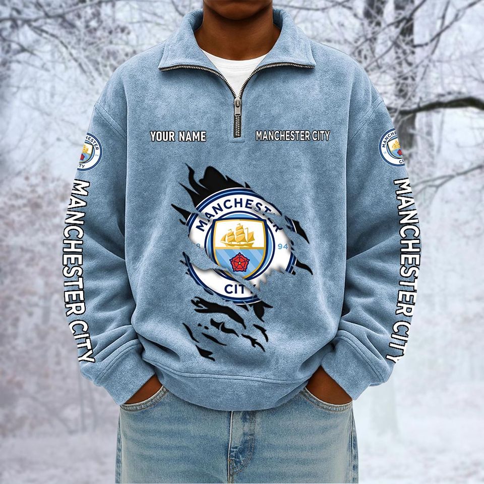Man City Custom Name Quarter Zip Pullover Sweatshirt - Multicolor