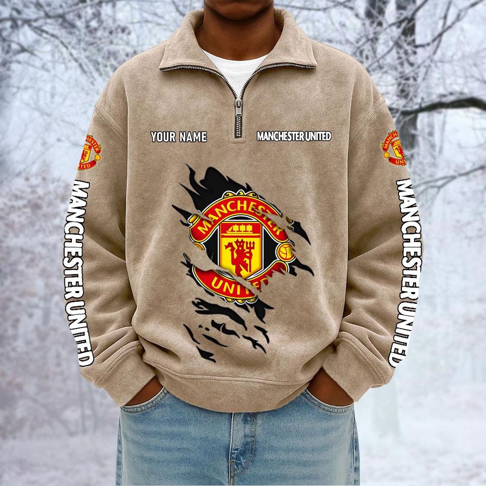 Man United Custom Name Quarter Zip Pullover Sweatshirt - Multicolor