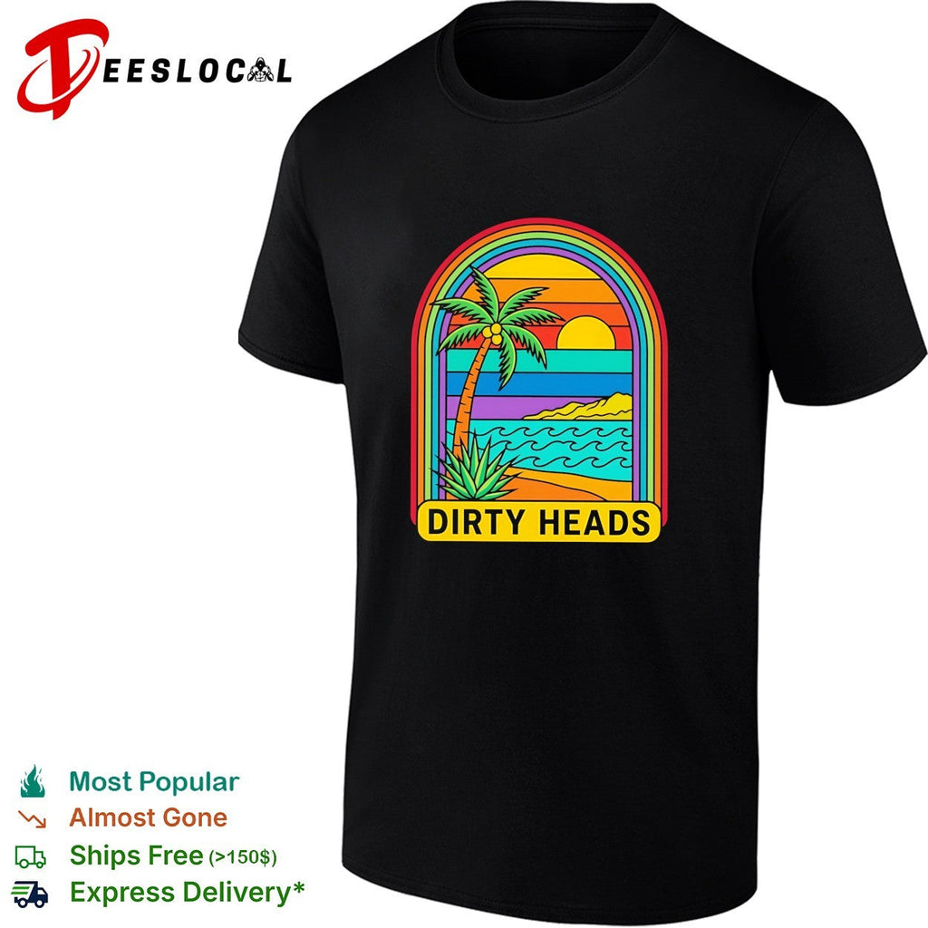 Tropical beach palm tree rainbow arch sunset vintage poster art shirt Unisex