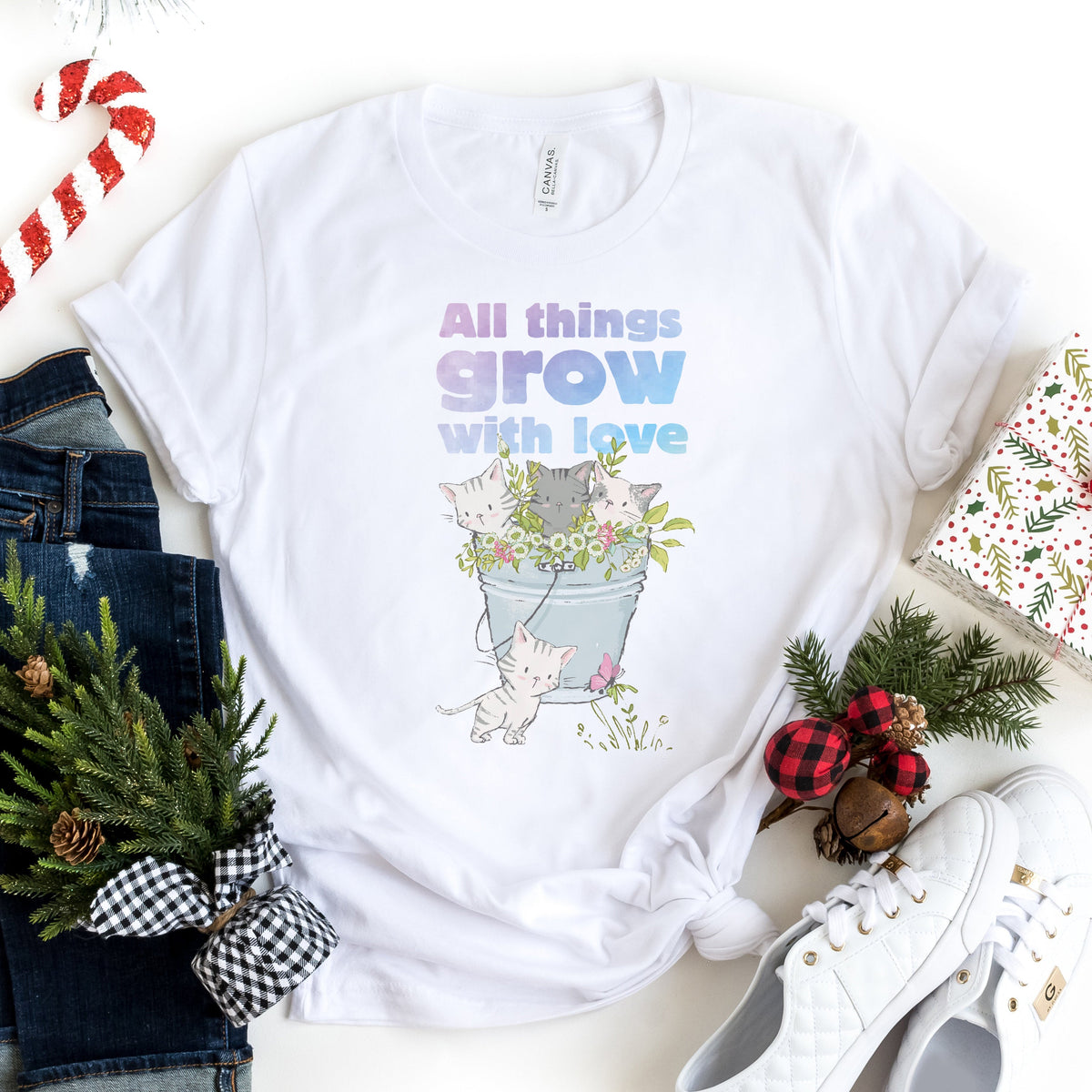 Things Grow Love Kitten Spring Nature Tee Catlover Cat Lover Flower Concept