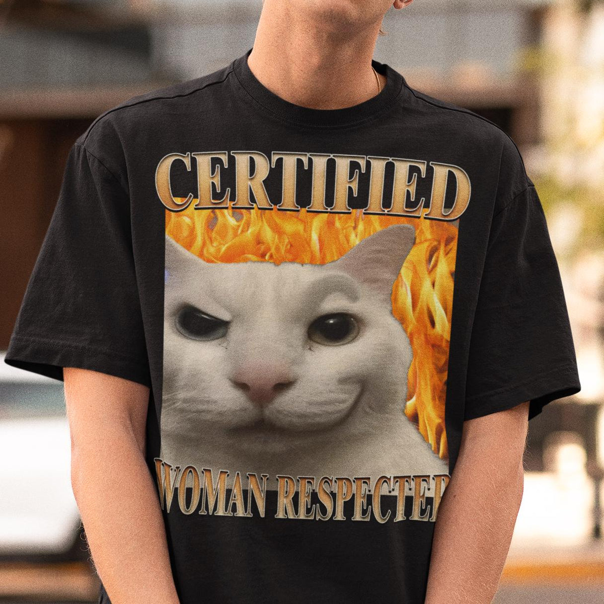 Certified Woman Respecter Cat Meme Tee Woman Man Silly Cats Ugly Stupid Joke Cringe Tees
