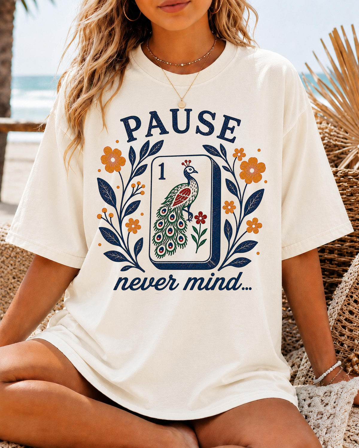 Pause Nevermind Mahjong Peacock Mahjong Tee Comfort Colors Mahjong Player Retro Floral Mahj Yellow Blue