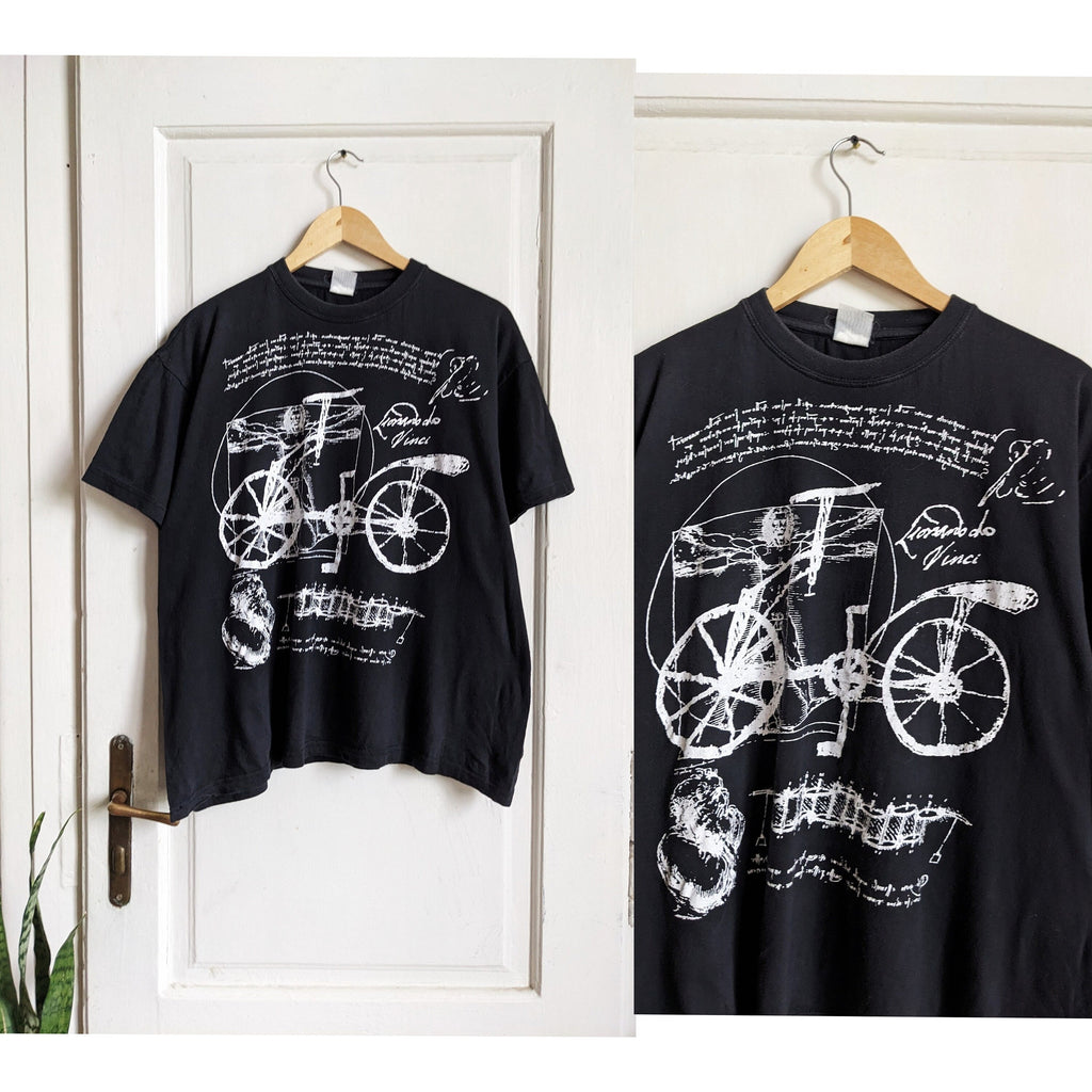 Vintage Leonardo Da Vinci Bicycle Art Sketch Tee Black Xl