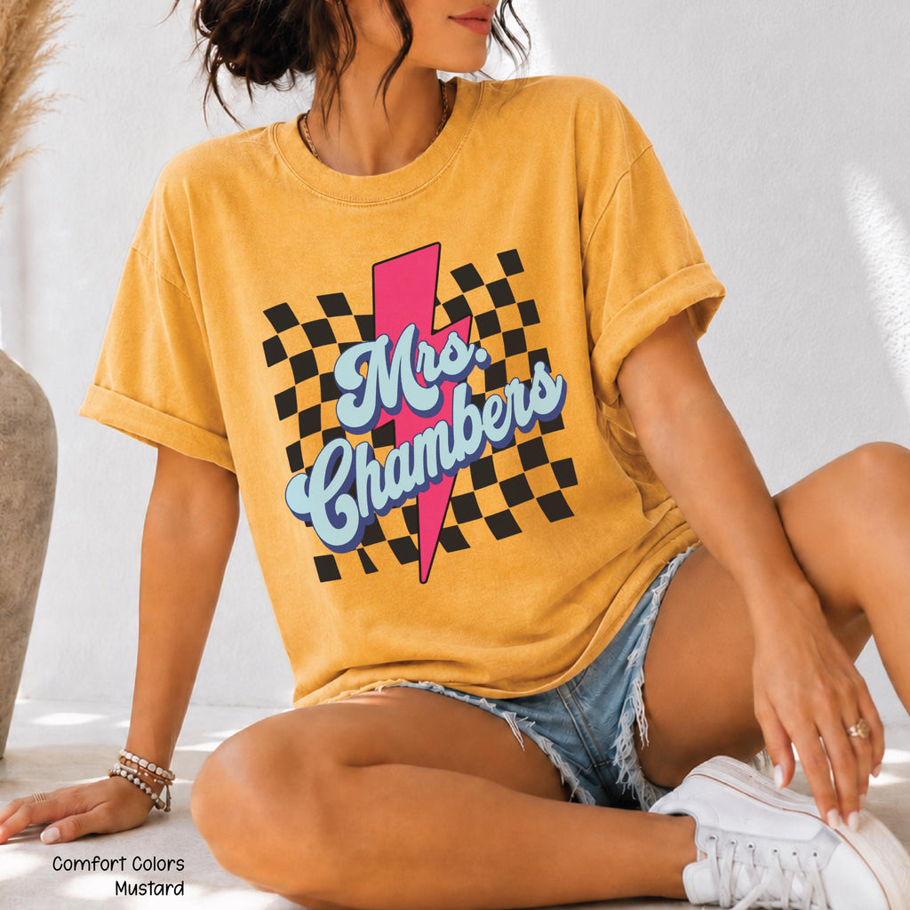 Teacher Custom Teacher Name Personalized Educator Retro Checkerboard Lightning Bolt Tee