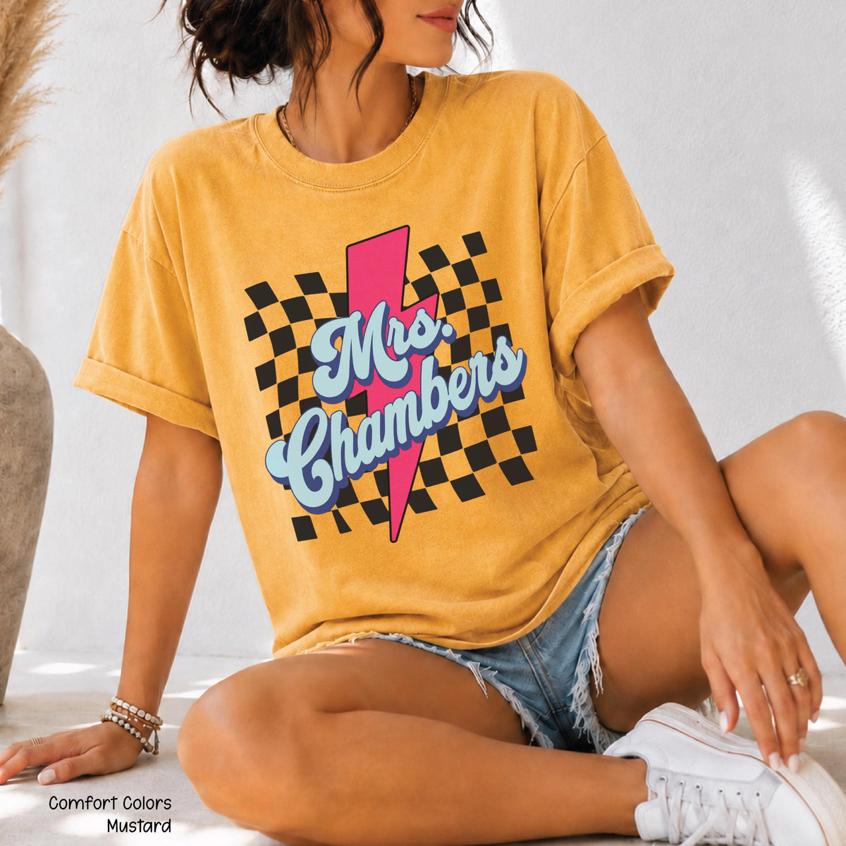 Teacher Custom Teacher Name Personalized Educator Retro Checkerboard Lightning Bolt Tee