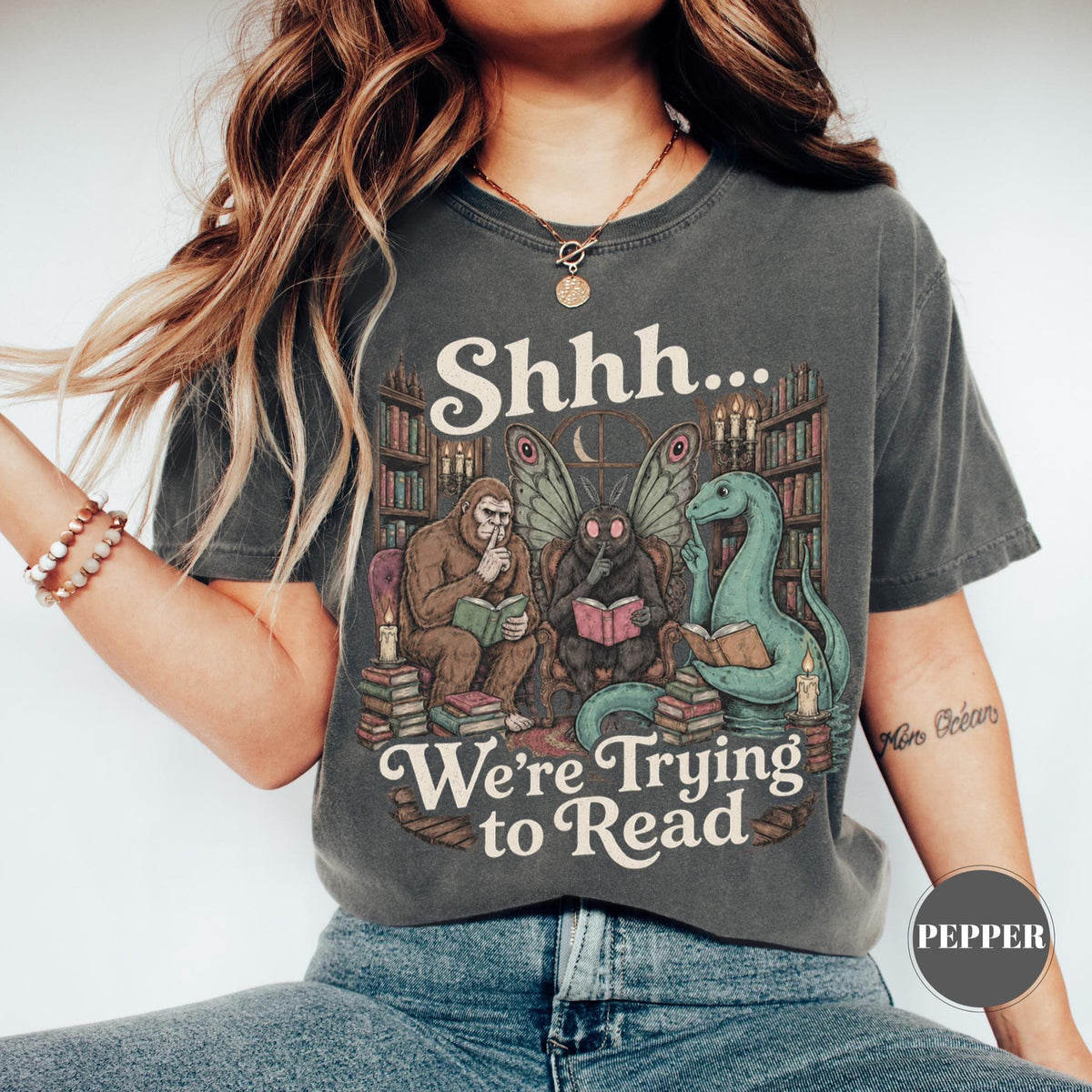 Shhh We'Re Trying Read Cryptid Bigfoot Mothman Nessie Bookish Tee Book Lover Dark Academia Reading Librarian