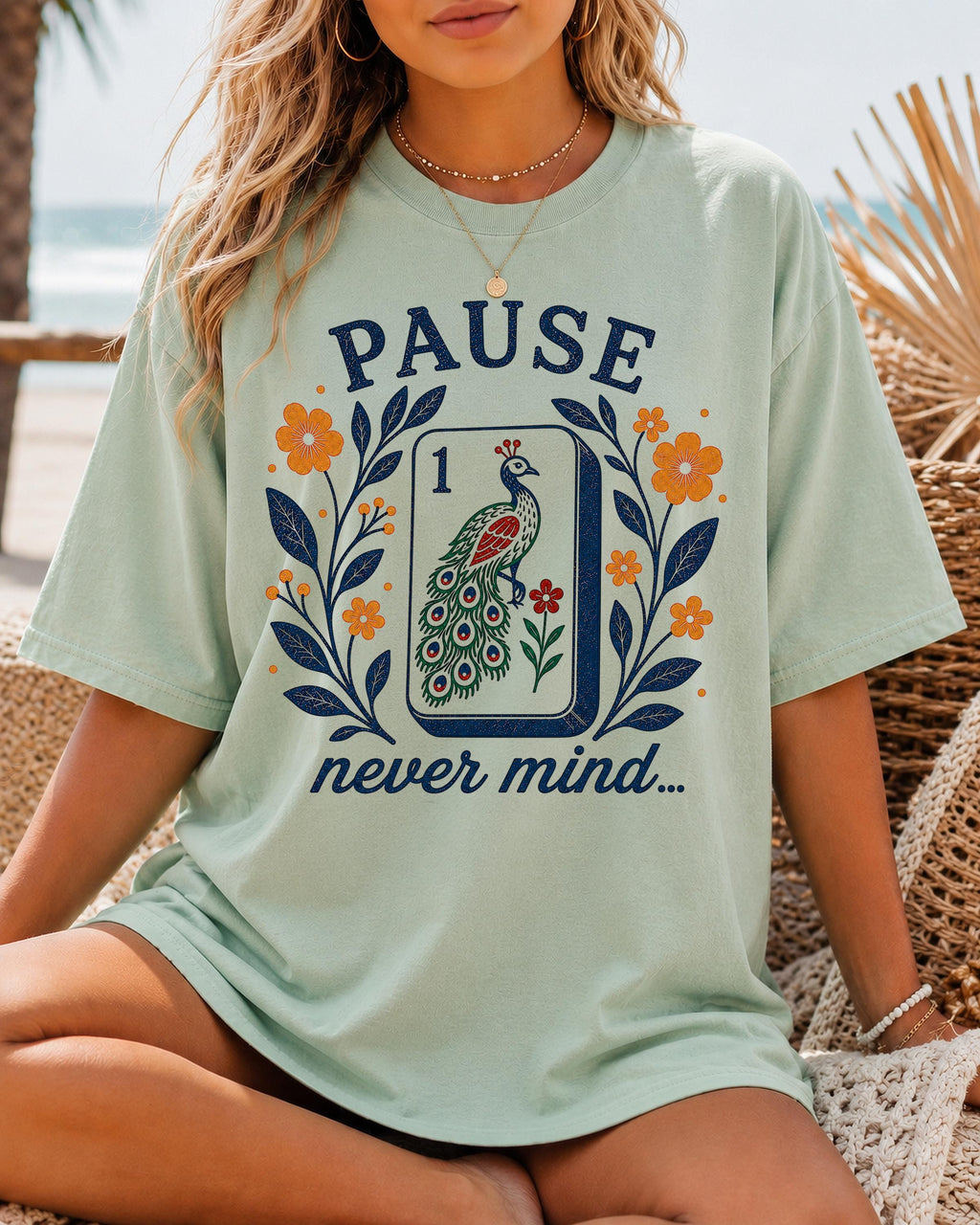 Pause Nevermind Mahjong Peacock Mahjong Tee Comfort Colors Mahjong Player Retro Floral Mahj Yellow Blue