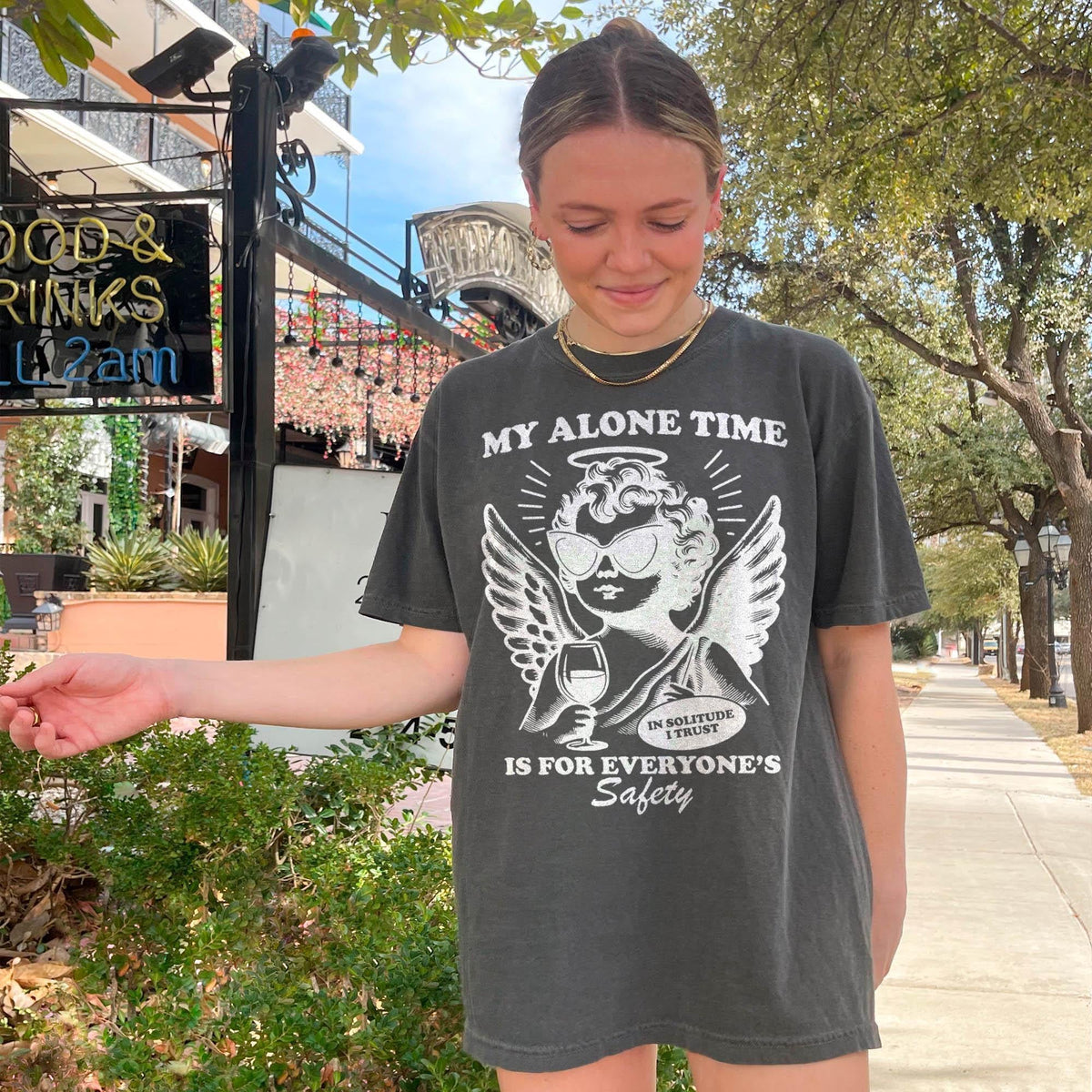 Retro Cherub Alone Time Safety Tee Sarcastic Introvert Tee Wine Lover Angel 90s