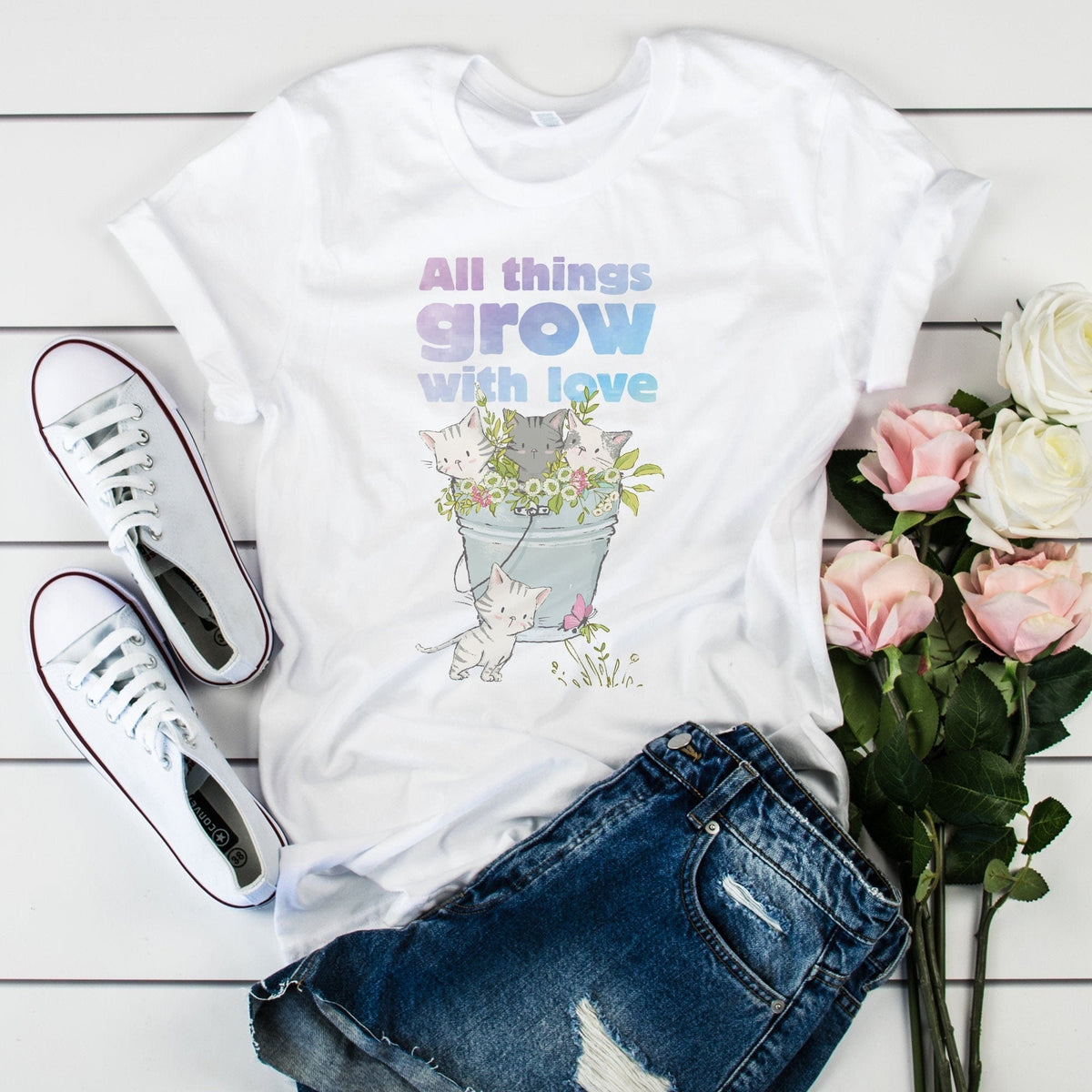 Things Grow Love Kitten Spring Nature Tee Catlover Cat Lover Flower Concept
