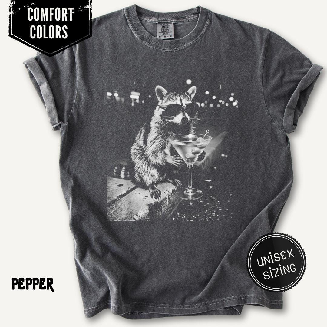 Comfort Colors Retro Raccoon Drinking Martini Animal Meme Tee Dirty Martini Lover