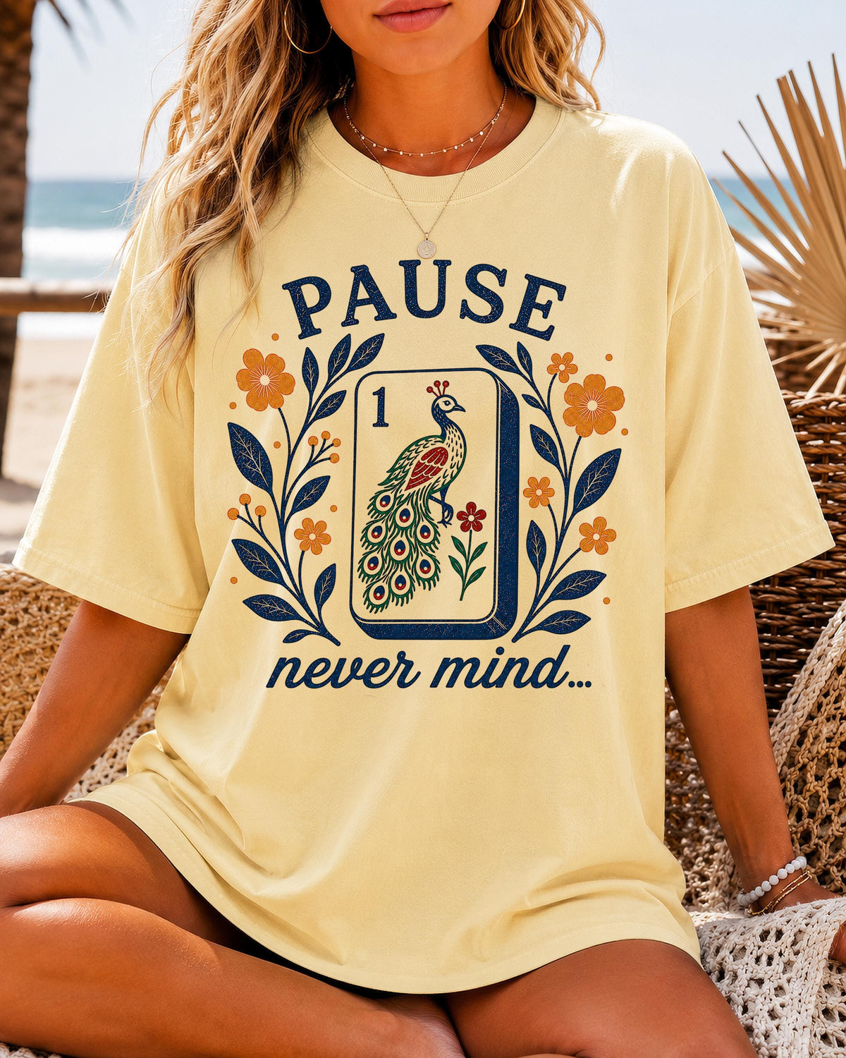 Pause Nevermind Mahjong Peacock Mahjong Tee Comfort Colors Mahjong Player Retro Floral Mahj Yellow Blue