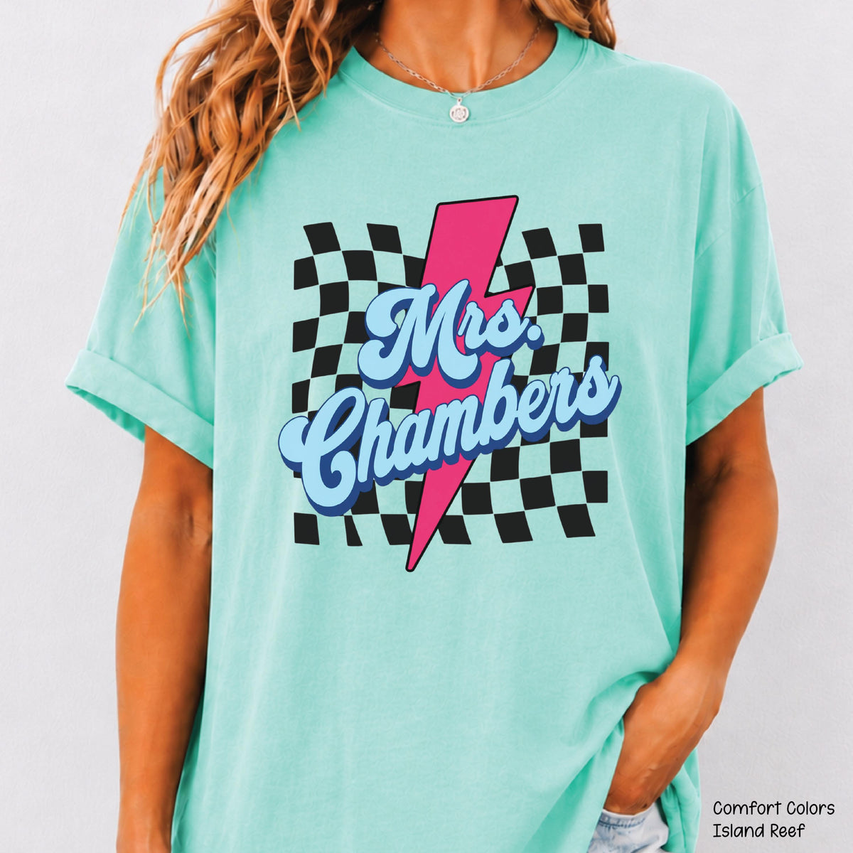 Teacher Custom Teacher Name Personalized Educator Retro Checkerboard Lightning Bolt Tee