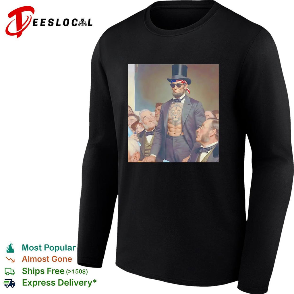 Abraham Lincoln lion chest tattoo top hat and sunglasses portrait graphic shirt Unisex