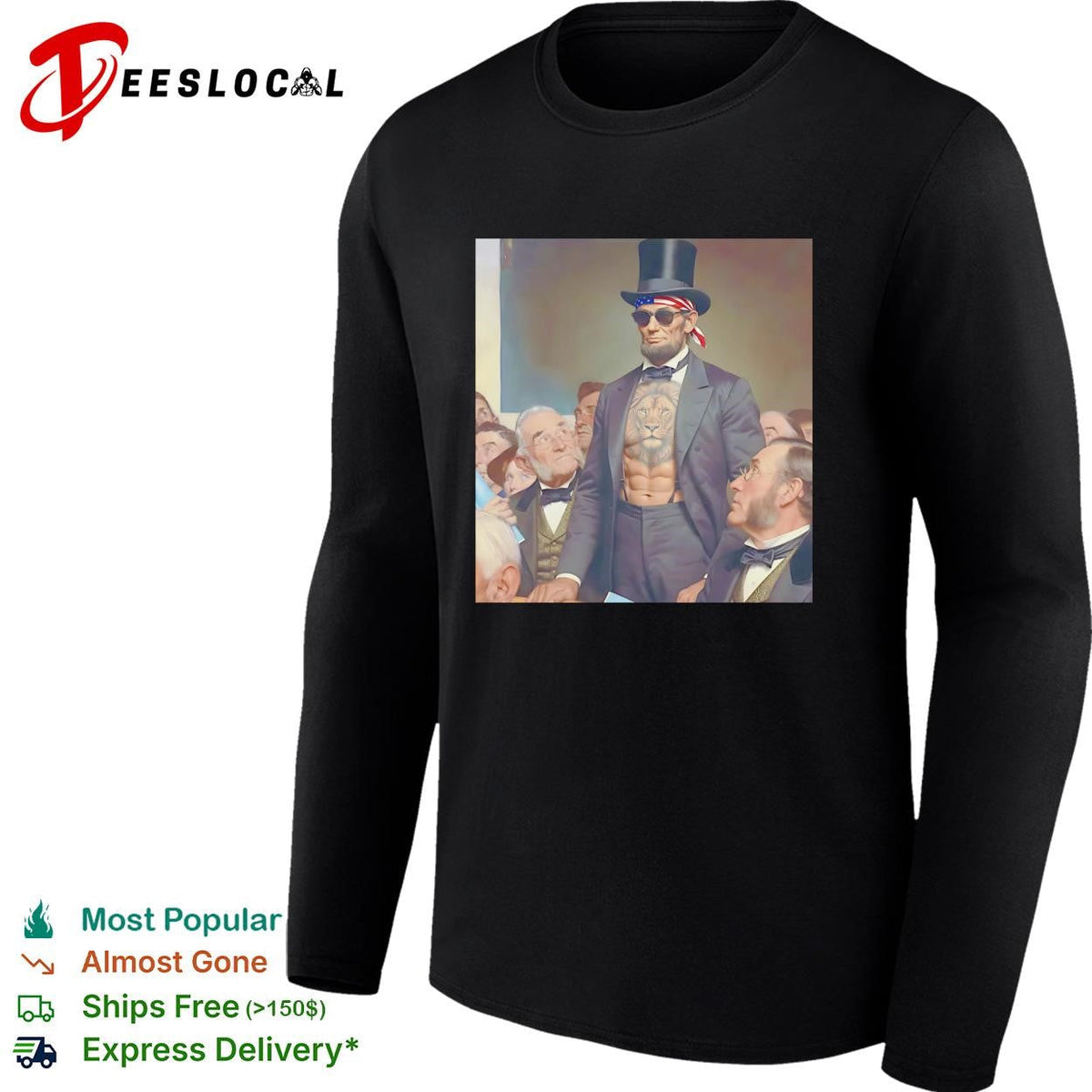 Abraham Lincoln lion chest tattoo top hat and sunglasses portrait graphic shirt Unisex
