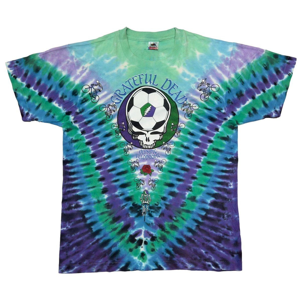 GRATEFUL DEAD 1990 OLYMPIC VELODROME FOOTBALL SKULL TIE DYE GREEN PURPLE FRUIT OF THE LOOM L 4153