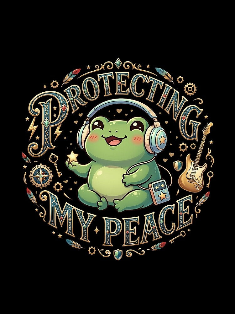 Protecting My Peace Cute Kawaii Frog Music Lover Gift | Frog Lover Aesthetic Headphones Frog Graphic Tee Sticker Mug by Basma Designs | Retro, Kawaii Shirts & Stickers
