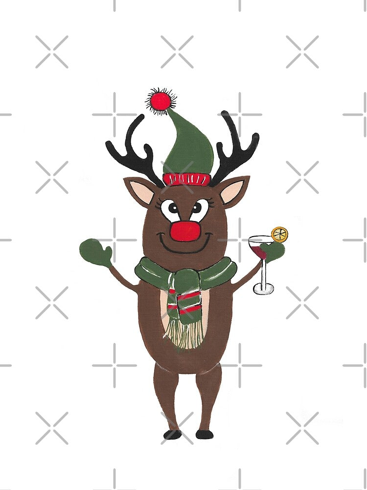 Festive Red Nose Reindeer Drinking Cocktails by Sartoris Art