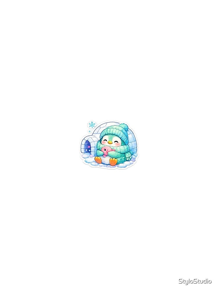 Cute Penguin in Igloo Sticker | Kawaii Winter Penguin Holding Pink Fish | Cozy Snow Animal | Pastel Penguin Sticker by StyloStudio