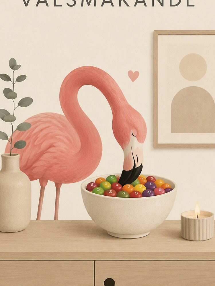 Hygge Flamingo & Skittles "DELICIOUS" Portrait by NickWhittleArt
