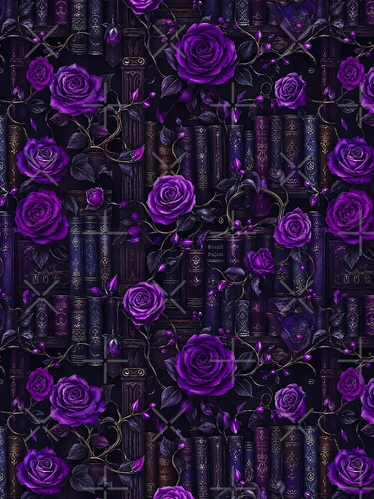 Dark Gothic Academia Purple Roses and Antique Books Seamless Pattern by · GAMING SOUL ·