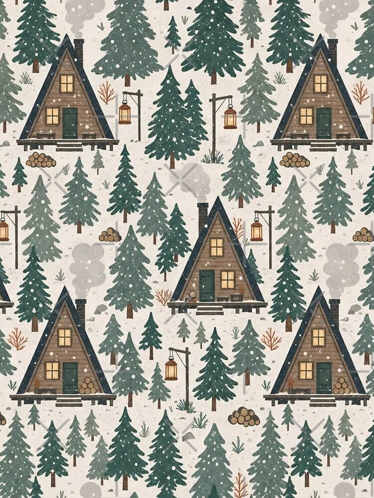 Hygge Woodland Cabins with Pine Trees and Woodsmoke in Muted Forest Green by StickyGuys