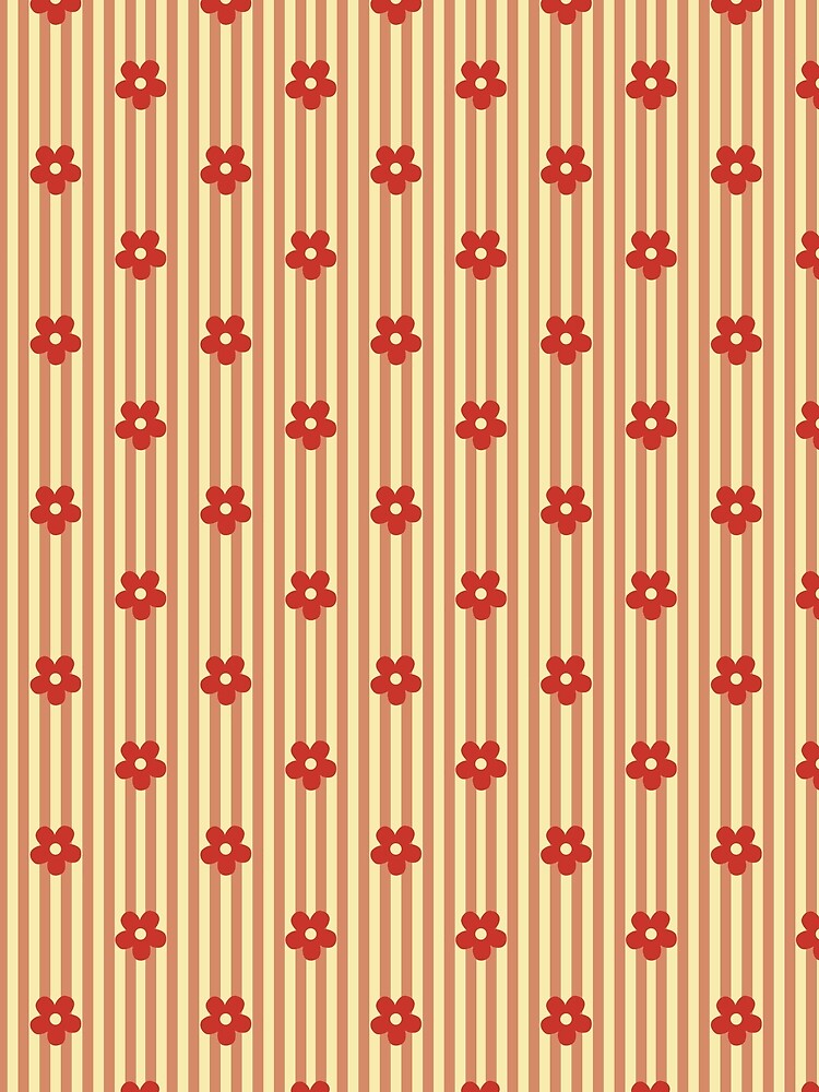Red Floral Pattern | Red Flowers on Beige Stripes | Retro Red Floral Stripes Design | Preppy Red Flower Pattern | Coquette Red and Yellow Flowers with Vertical Stripes Pattern by VivaFy