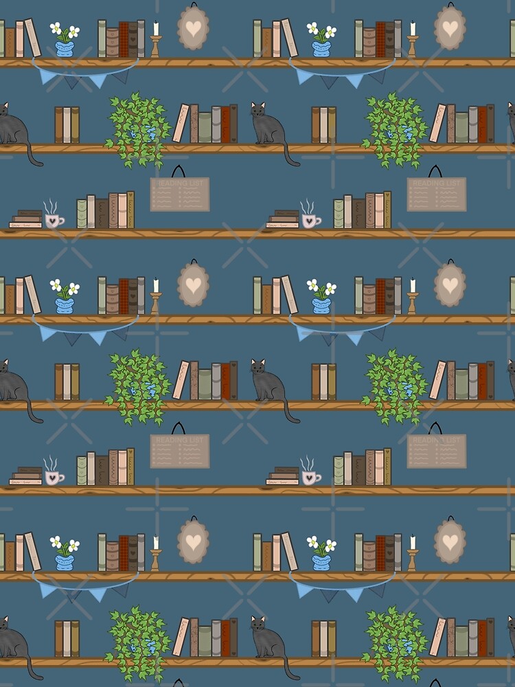 Blue Vintage Bookshelf Reading Pattern with Cats by designbybrisson