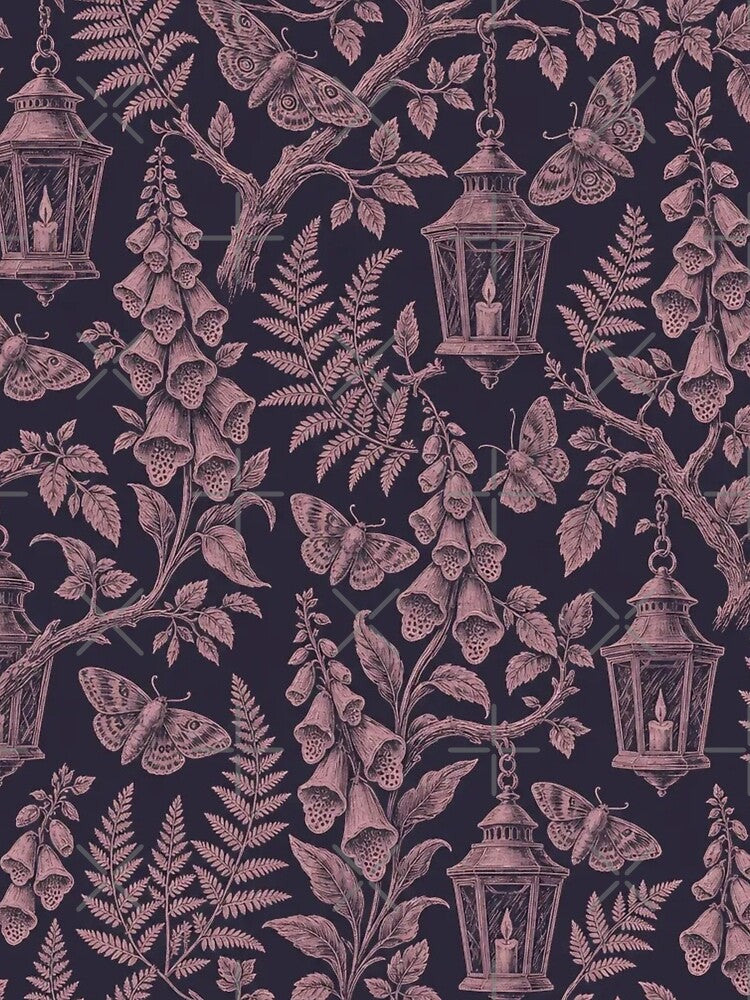 Moth and Foxglove Toile Seamless Pattern | Vintage Dark Cottagecore Toile Repeat by StickyGuys
