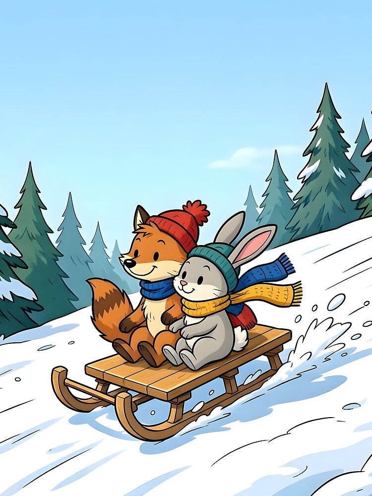 Cute Fox and Bunny Sledding Winter Animals by Herodestroyer