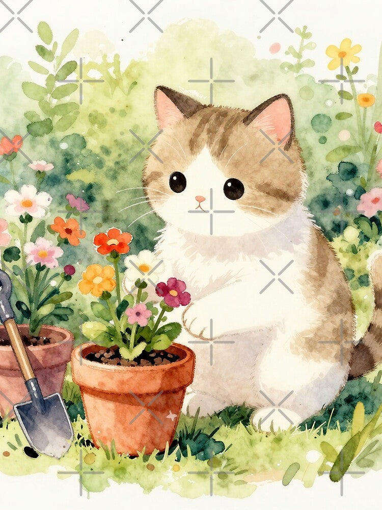 Kawaii Garden Cat & Blooms – Watercolor by Ponted