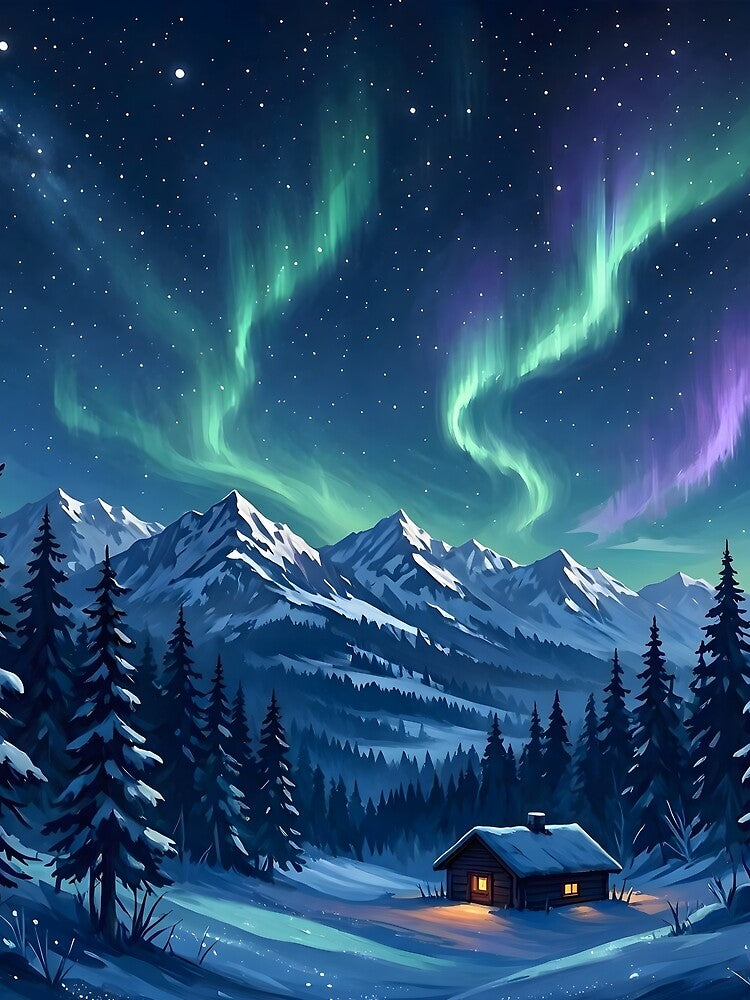 Aurora Borealis Northern Lights Snowy Cabin Mountain by Herodestroyer
