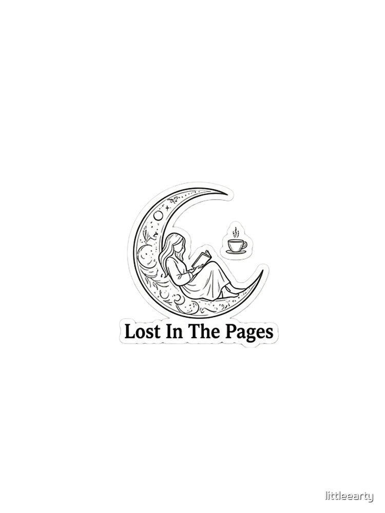 "Lost In The Pages" – Minimalist line-art illustration of a reader inside a coffee cup, crescent moon. by littleearty