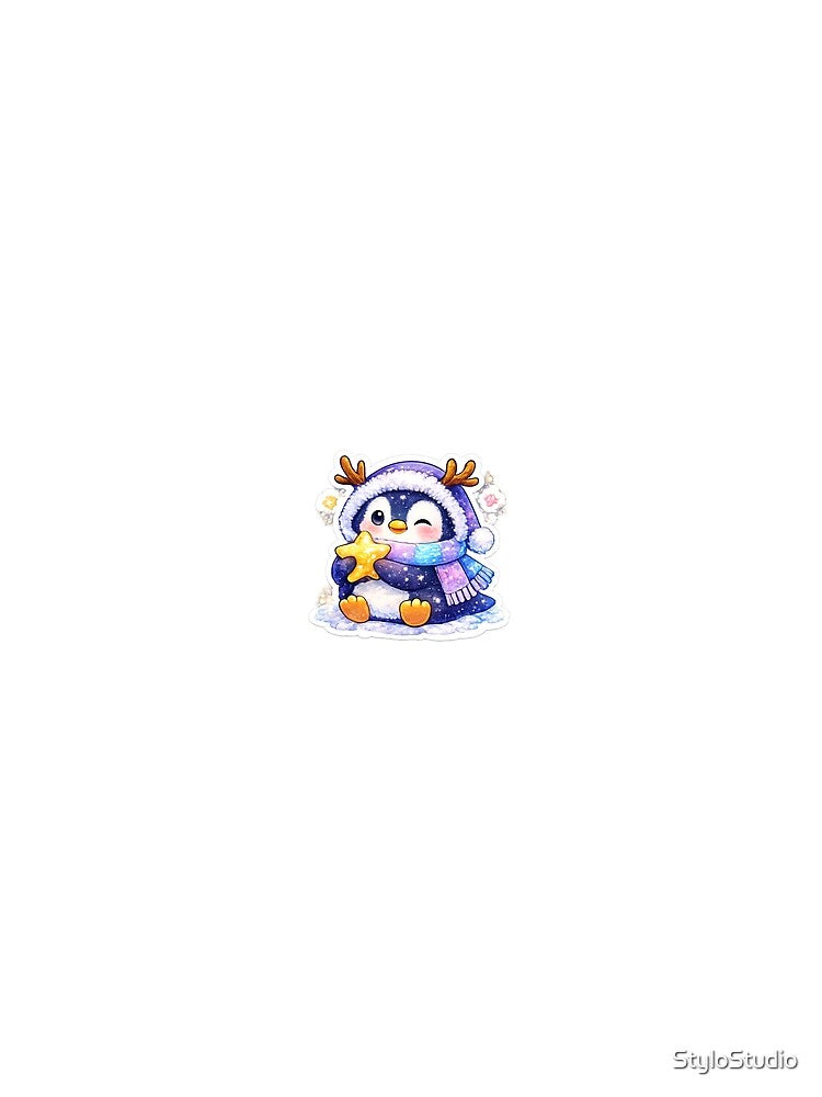 Cute Reindeer Penguin Holding Star Sticker | Kawaii Christmas Penguin | Cozy Winter Animal | Pastel Holiday Sticker by StyloStudio