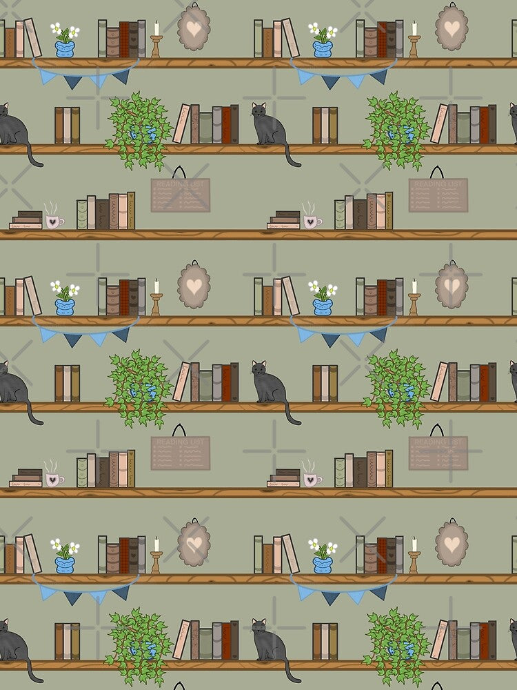Vintage Bookshelf Reading Pattern with Cats by designbybrisson