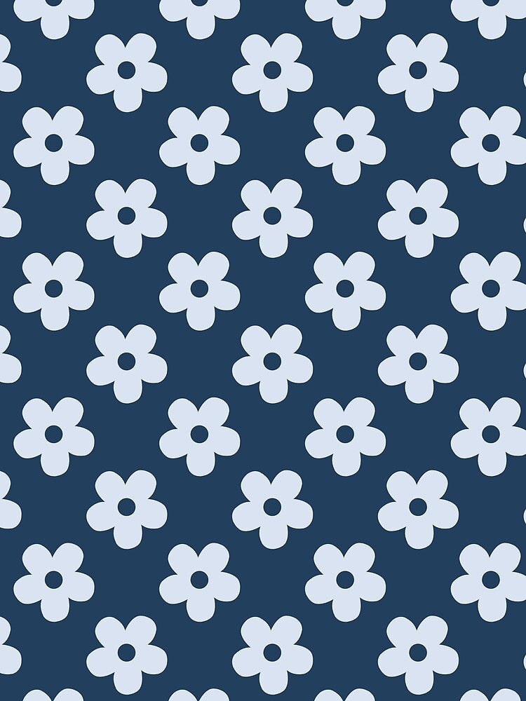 Navy Blue Floral Pattern | Ice Blue and Navy Flowers Pattern | Retro Navy Floral Design | Preppy Retro Ice Blue Daisies | Coquette Navy and Ice Blue Floral Pattern by VivaFy