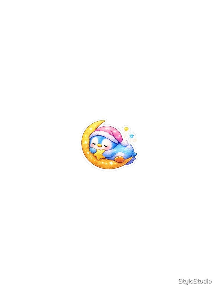 Sleeping Penguin on Moon Sticker | Cute Kawaii Penguin Hugging Star | Cozy Night Sky | Pastel Winter Animal Sticker by StyloStudio