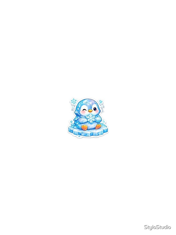 Cute Ice Penguin Sticker | Kawaii Winter Penguin Holding Snowflake | Pastel Blue Penguin | Cozy Snow Animal Sticker by StyloStudio